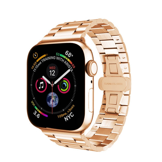 For Apple Watch Series 2 42mm Three-bead Butterfly Buckle Metal Watch Band(Rose Gold) - Watch Bands by PMC Jewellery | Online Shopping South Africa | PMC Jewellery