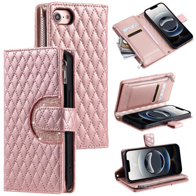 For iPhone 16e Glitter Lattice Zipper Wallet Leather Phone Case(Rose Gold) - iPhone 16e Cases by PMC TechLife | Online Shopping South Africa | PMC TechLife | Buy Now Pay Later Mobicred
