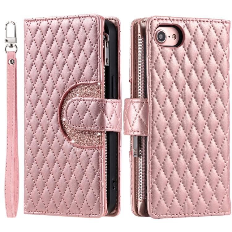 For iPhone 16e Glitter Lattice Zipper Wallet Leather Phone Case(Rose Gold) - iPhone 16e Cases by PMC TechLife | Online Shopping South Africa | PMC TechLife | Buy Now Pay Later Mobicred
