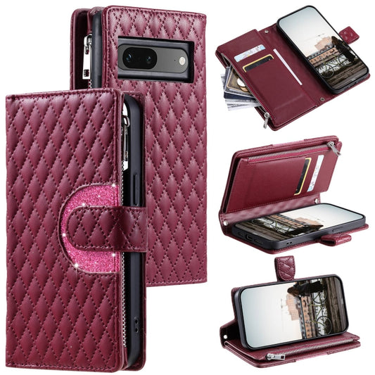 For Google Pixel 7 5G Glitter Lattice Zipper Wallet Leather Phone Case(Wine Red) - Google Cases by PMC Jewellery | Online Shopping South Africa | PMC Jewellery | Buy Now Pay Later Mobicred