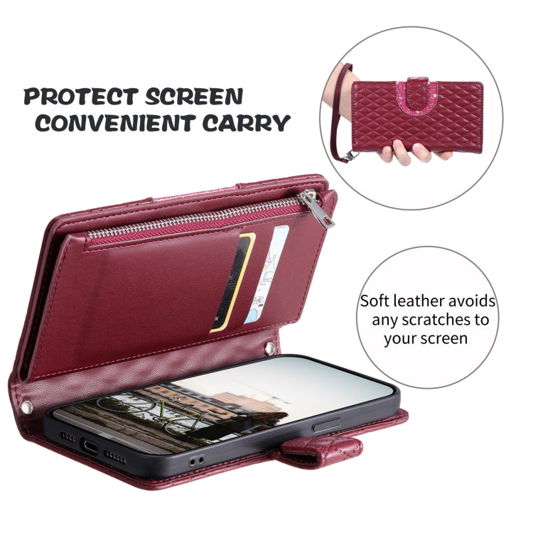 For Google Pixel 7a Glitter Lattice Zipper Wallet Leather Phone Case(Wine Red) - Google Cases by PMC TechLife | Online Shopping South Africa | PMC TechLife | Buy Now Pay Later Mobicred