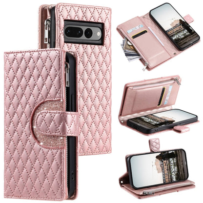 For Google Pixel 7 Pro 5G Glitter Lattice Zipper Wallet Leather Phone Case(Rose Gold) - Google Cases by PMC Jewellery | Online Shopping South Africa | PMC Jewellery | Buy Now Pay Later Mobicred