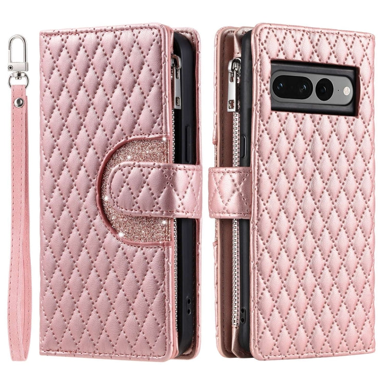 For Google Pixel 7 Pro 5G Glitter Lattice Zipper Wallet Leather Phone Case(Rose Gold) - Google Cases by PMC Jewellery | Online Shopping South Africa | PMC Jewellery | Buy Now Pay Later Mobicred