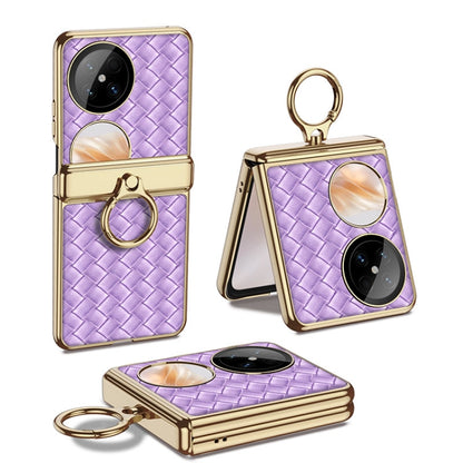 For Huawei Pocket 2 GKK Magnetic Shaft Electroplated Plain Leather Woven Texture Phone Case with Ring(Purple) - Huawei Cases by GKK | Online Shopping South Africa | PMC Jewellery | Buy Now Pay Later Mobicred