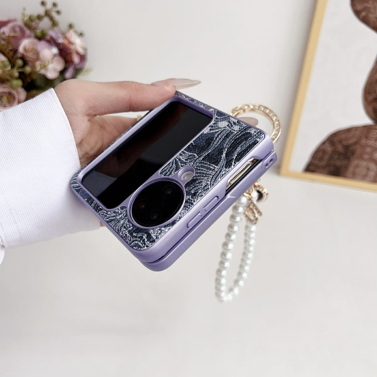 For OPPO Find N3 Flip Embroidery Style Full Coverage Phone Case with Ring Bead Chain(Grey) - Find N3 Flip Cases by PMC TechLife | Online Shopping South Africa | PMC TechLife | Buy Now Pay Later Mobicred