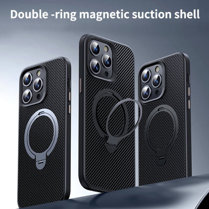 For iPhone 16 Double Ring MagSafe Holder Carbon Fiber Phone Case(Black) - iPhone 16 Cases by PMC Jewellery | Online Shopping South Africa | PMC Jewellery | Buy Now Pay Later Mobicred