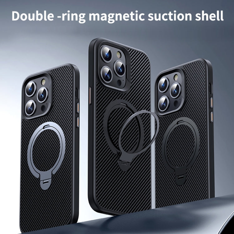 For iPhone 16 Pro Double Ring MagSafe Holder Carbon Fiber Phone Case(Silver) - iPhone 16 Pro Cases by PMC Jewellery | Online Shopping South Africa | PMC Jewellery | Buy Now Pay Later Mobicred