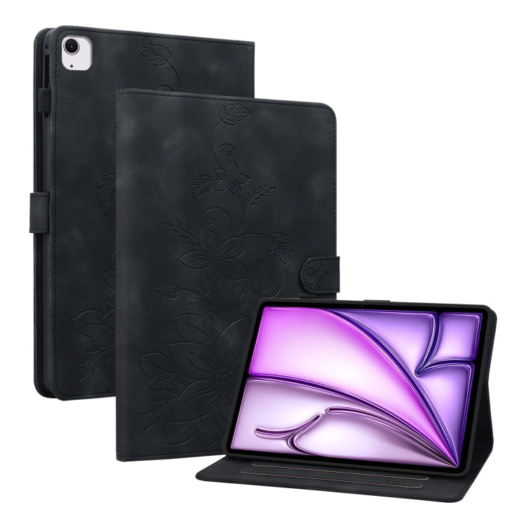 For iPad Air 11 2024 Lily Embossed Leather Smart Tablet Case(Black) - iPad Air 11 2024 Cases by PMC Jewellery | Online Shopping South Africa | PMC Jewellery | Buy Now Pay Later Mobicred