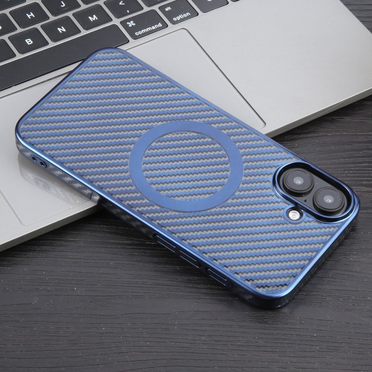 For iPhone 16 6D Plated Carbon Fiber Clear Magsafe PC Phone Case(Dream Blue) - iPhone 16 Cases by PMC Jewellery | Online Shopping South Africa | PMC Jewellery | Buy Now Pay Later Mobicred