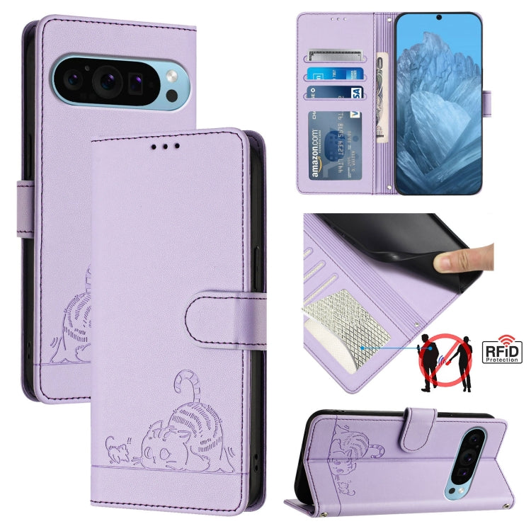 For Google Pixel 9 / 9 Pro Cat Rat Embossed Pattern RFID Leather Phone Case with Lanyard(Purple) - Google Cases by PMC Jewellery | Online Shopping South Africa | PMC Jewellery | Buy Now Pay Later Mobicred