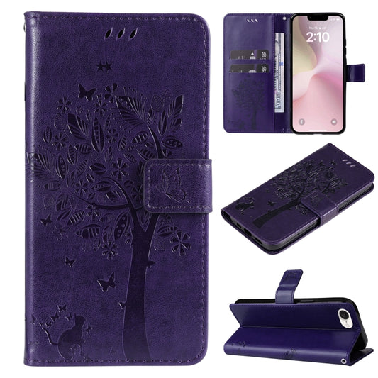 For iPhone SE 2024 Tree & Cat Embossed Pattern Flip Leather Phone Case(Purple) - More iPhone Cases by PMC Jewellery | Online Shopping South Africa | PMC Jewellery | Buy Now Pay Later Mobicred