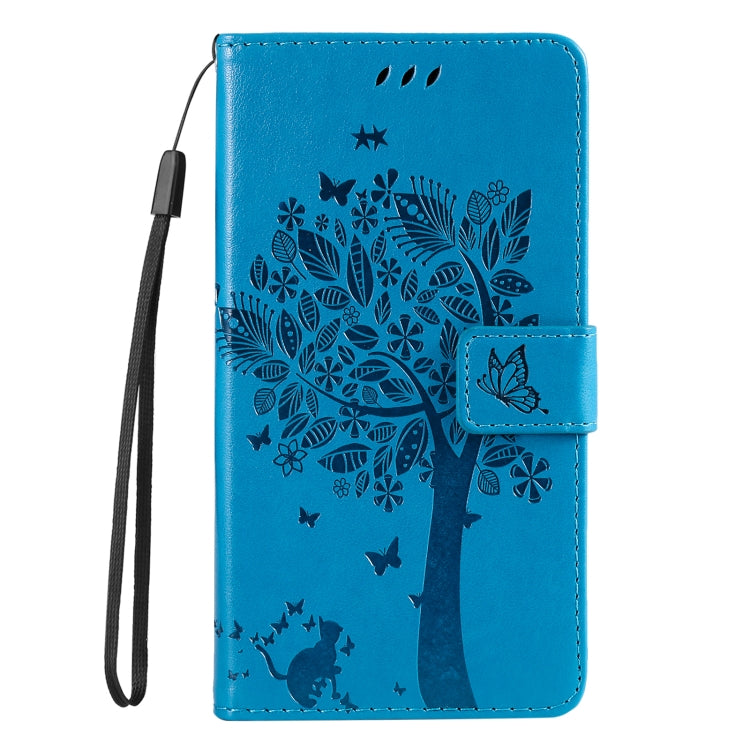 For iPhone 16 Tree & Cat Embossed Pattern Flip Leather Phone Case(Blue) - iPhone 16 Cases by PMC Jewellery | Online Shopping South Africa | PMC Jewellery | Buy Now Pay Later Mobicred