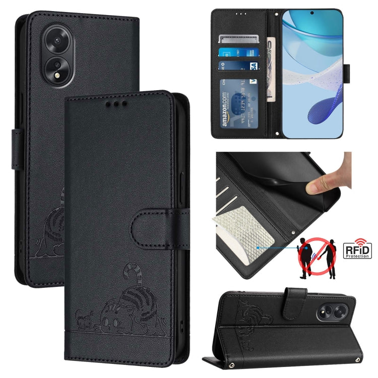 For OPPO A38 4G / A18 4G Global Cat Rat Embossed Pattern RFID Leather Phone Case with Lanyard(Black) - A38 Cases by PMC Jewellery | Online Shopping South Africa | PMC Jewellery | Buy Now Pay Later Mobicred