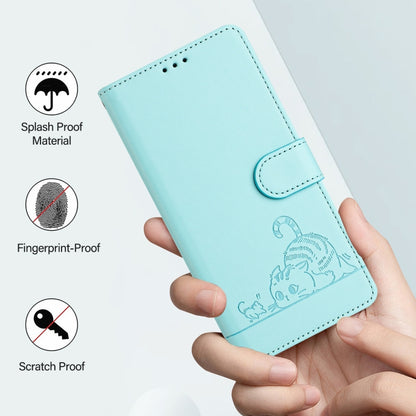 For OPPO Reno11 5G Global Cat Rat Embossed Pattern RFID Leather Phone Case with Lanyard(Mint Green) - Reno11 Cases by PMC Jewellery | Online Shopping South Africa | PMC Jewellery | Buy Now Pay Later Mobicred