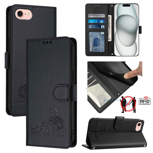 For iPhone SE 2024 Cat Rat Embossed Pattern RFID Leather Phone Case with Lanyard(Black) - More iPhone Cases by PMC Jewellery | Online Shopping South Africa | PMC Jewellery | Buy Now Pay Later Mobicred