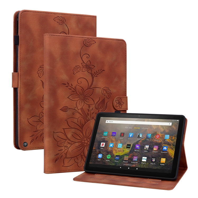 For Amazon Fire HD10 2019/2017 Lily Embossed Leather Smart Tablet Case(Brown) - Amazon by PMC TechLife | Online Shopping South Africa | PMC TechLife | Buy Now Pay Later Mobicred