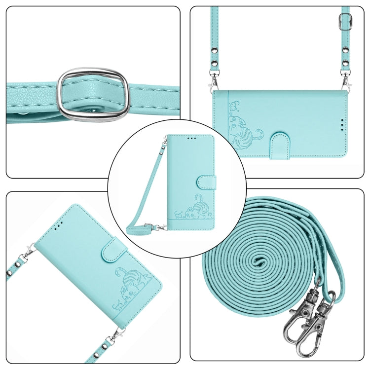 For vivo Y38 5G Cat Rat Embossed Pattern RFID Leather Phone Case with Lanyard(Mint Green) - vivo Cases by PMC TechLife | Online Shopping South Africa | PMC TechLife | Buy Now Pay Later Mobicred