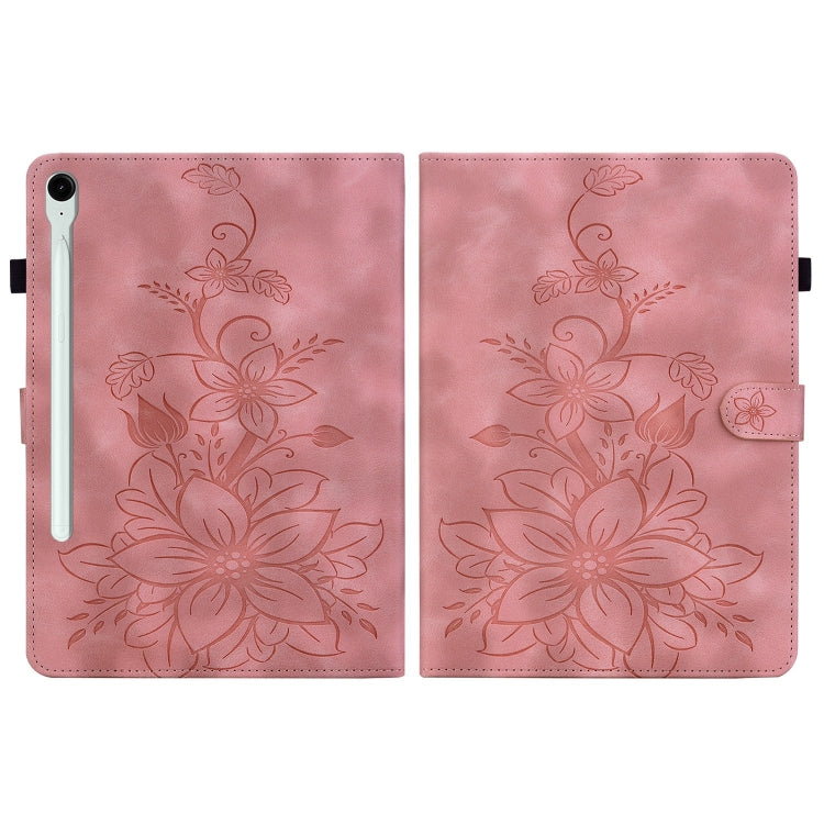 For Samsung Galaxy Tab S9 / S9 FE Lily Embossed Leather Tablet Case(Pink) - Galaxy Tab S9 Cases by PMC Jewellery | Online Shopping South Africa | PMC Jewellery | Buy Now Pay Later Mobicred