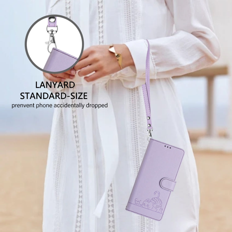 For Tecno Spark GO 2024 Cat Rat Embossed Pattern RFID Leather Phone Case with Lanyard(Purple) - Tecno Cases by PMC Jewellery | Online Shopping South Africa | PMC Jewellery | Buy Now Pay Later Mobicred