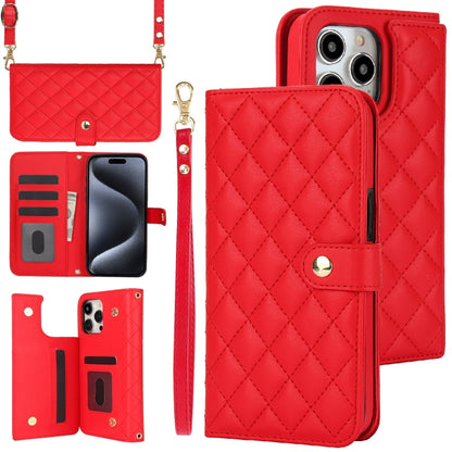 For iPhone 16 Pro Max Crossbody Multifunction Rhombic Leather Phone Case(Red) - iPhone 16 Pro Max Cases by PMC Jewellery | Online Shopping South Africa | PMC Jewellery | Buy Now Pay Later Mobicred