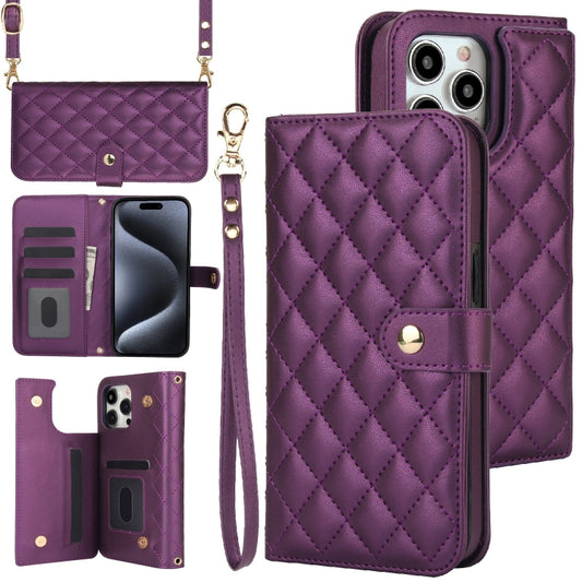 For iPhone 16 Pro Crossbody Multifunction Rhombic Leather Phone Case(Dark Purple) - More iPhone Cases by PMC Jewellery | Online Shopping South Africa | PMC Jewellery | Buy Now Pay Later Mobicred