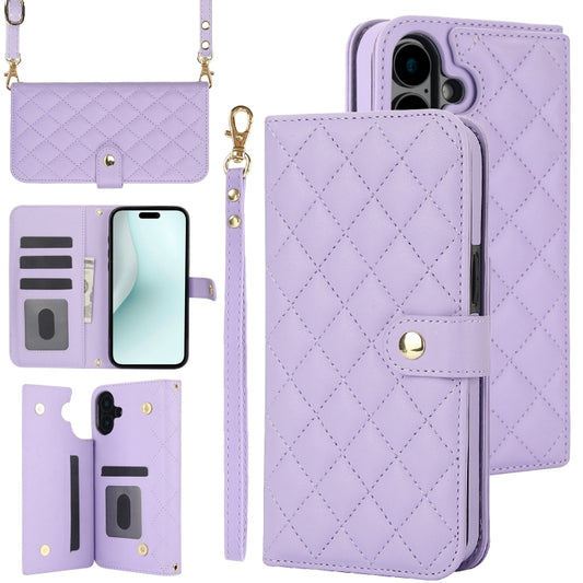 For iPhone 16 Crossbody Multifunction Rhombic Leather Phone Case(Purple) - iPhone 16 Cases by PMC Jewellery | Online Shopping South Africa | PMC Jewellery | Buy Now Pay Later Mobicred