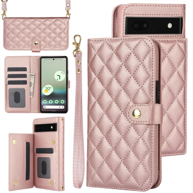For Google Pixel 6a Crossbody Multifunction Rhombic Leather Phone Case(Rose Gold) - Google Cases by PMC TechLife | Online Shopping South Africa | PMC TechLife | Buy Now Pay Later Mobicred