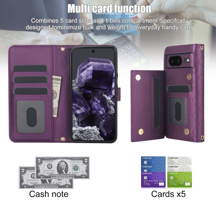 For Google Pixel 8 Crossbody Multifunction Rhombic Leather Phone Case(Dark Purple) - Google Cases by PMC TechLife | Online Shopping South Africa | PMC TechLife | Buy Now Pay Later Mobicred