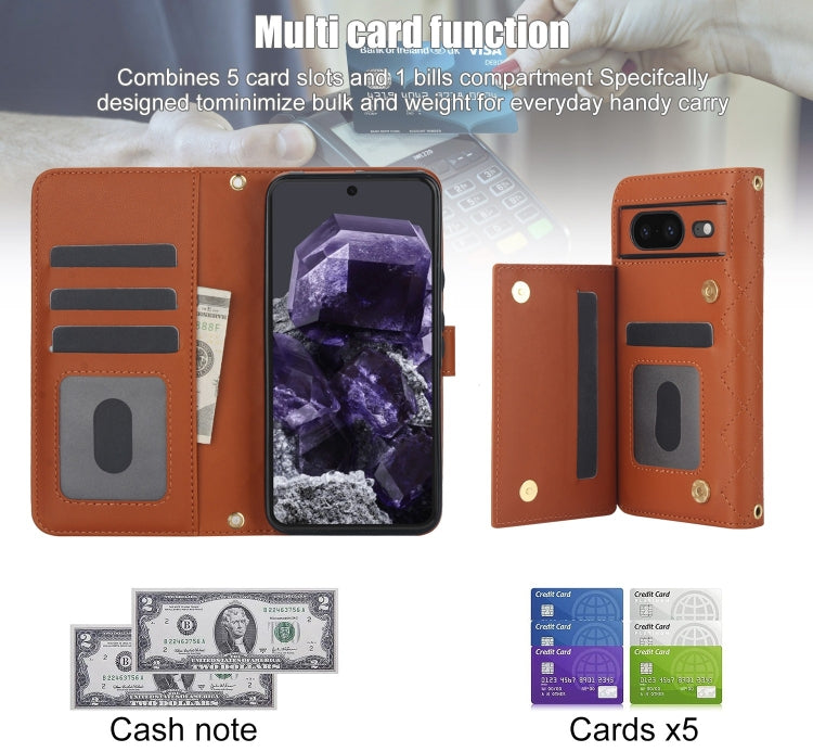For Google Pixel 8a Crossbody Multifunction Rhombic Leather Phone Case(Brown) - Google Cases by PMC TechLife | Online Shopping South Africa | PMC TechLife | Buy Now Pay Later Mobicred
