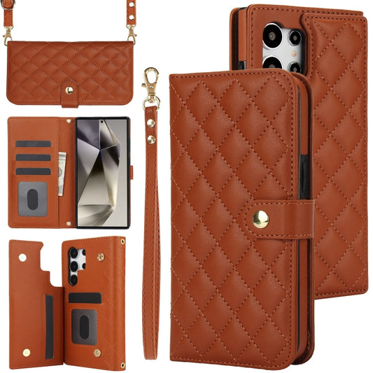 For Samsung Galaxy S24 Ultra 5G Crossbody Multifunction Rhombic Leather Phone Case(Brown) - Galaxy S24 Ultra 5G Cases by PMC Jewellery | Online Shopping South Africa | PMC Jewellery | Buy Now Pay Later Mobicred