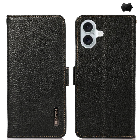 For iPhone 16 KHAZNEH Side-Magnetic Litchi Genuine Leather RFID Case(Black) - iPhone 16 Cases by PMC Jewellery | Online Shopping South Africa | PMC Jewellery | Buy Now Pay Later Mobicred