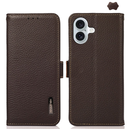 For iPhone 16 KHAZNEH Side-Magnetic Litchi Genuine Leather RFID Case(Brown) - iPhone 16 Cases by PMC Jewellery | Online Shopping South Africa | PMC Jewellery | Buy Now Pay Later Mobicred