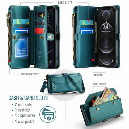 For iPhone 12 Pro CaseMe C36 Card Slots Zipper Wallet RFID Anti-theft Leather Phone Case(Blue-green) - iPhone 12 / 12 Pro Cases by CaseMe | Online Shopping South Africa | PMC Jewellery | Buy Now Pay Later Mobicred