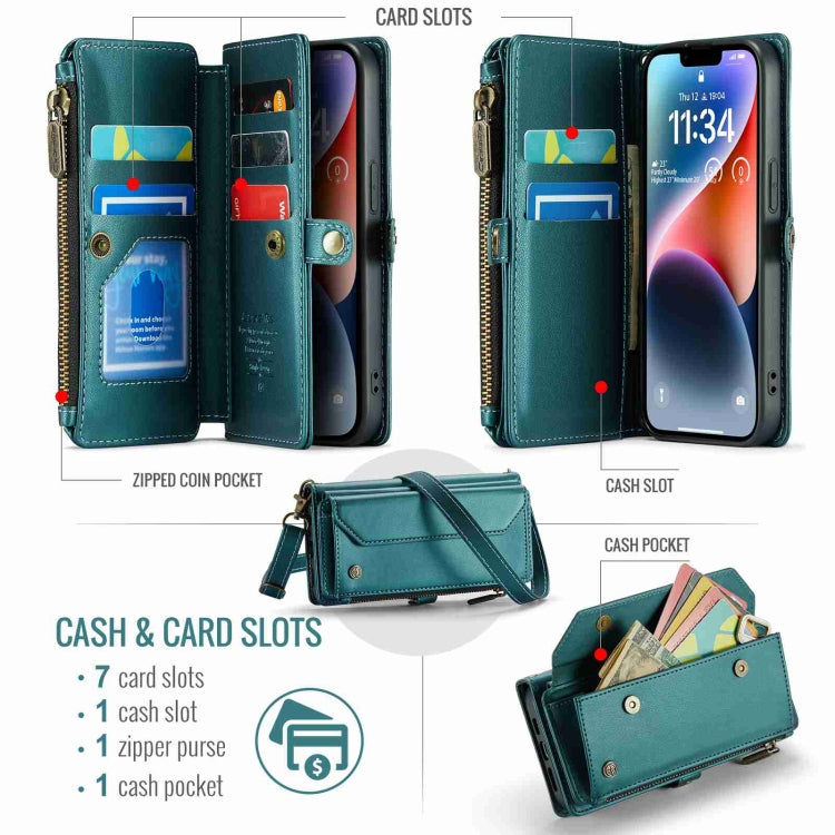 For iPhone 14 CaseMe C36 Card Slots Zipper Wallet RFID Anti-theft Leather Phone Case(Blue-green) - iPhone 14 Cases by CaseMe | Online Shopping South Africa | PMC Jewellery | Buy Now Pay Later Mobicred