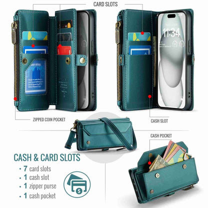 For iPhone 15 Plus CaseMe C36 Card Slots Zipper Wallet RFID Anti-theft Leather Phone Case(Blue-green) - iPhone 15 Plus Cases by CaseMe | Online Shopping South Africa | PMC Jewellery | Buy Now Pay Later Mobicred