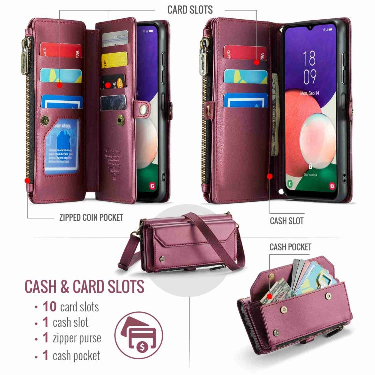 For Samsung Galaxy A22 5G CaseMe C36 Card Slots Zipper Wallet RFID Anti-theft Leather Phone Case(Wine Red) - Galaxy Phone Cases by CaseMe | Online Shopping South Africa | PMC Jewellery | Buy Now Pay Later Mobicred