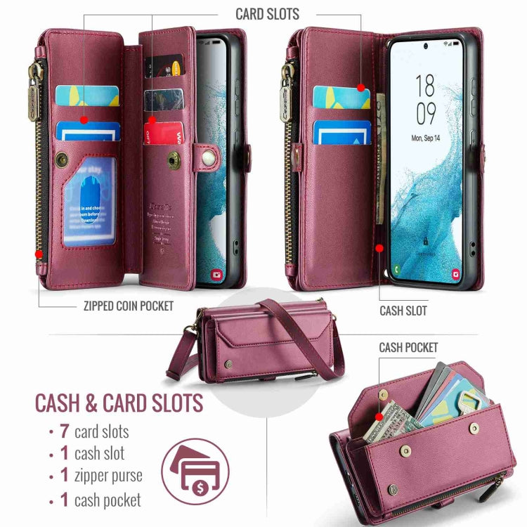 For Samsung Galaxy S22 5G CaseMe C36 Card Slots Zipper Wallet RFID Anti-theft Leather Phone Case(Wine Red) - free shipping - PMC Jewellery - Order now!