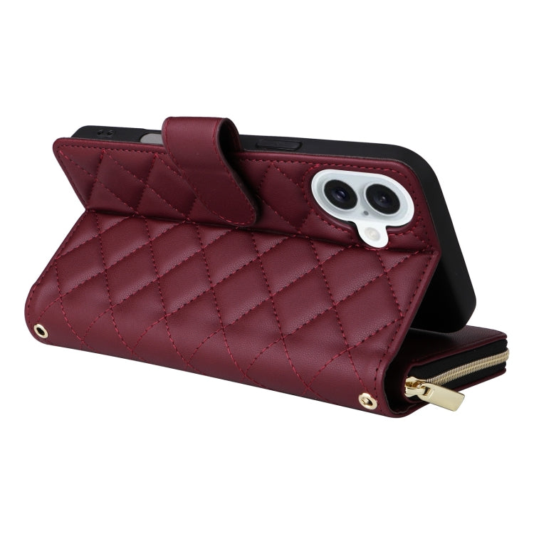 For iPhone 16 Plus Crossbody Rhombic Zipper Tower Buckle Leather Phone Case with Lanyard(Wine Red) - iPhone 16 Plus Cases by PMC Jewellery | Online Shopping South Africa | PMC Jewellery | Buy Now Pay Later Mobicred