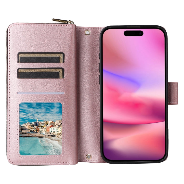 For iPhone 16 Crossbody Rhombic Zipper Tower Buckle Leather Phone Case with Lanyard(Rose Gold) - iPhone 16 Cases by PMC Jewellery | Online Shopping South Africa | PMC Jewellery | Buy Now Pay Later Mobicred