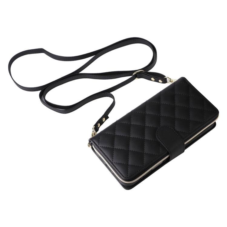 For iPhone 16 Crossbody Rhombic Zipper Tower Buckle Leather Phone Case with Lanyard(Black) - iPhone 16 Cases by PMC Jewellery | Online Shopping South Africa | PMC Jewellery | Buy Now Pay Later Mobicred