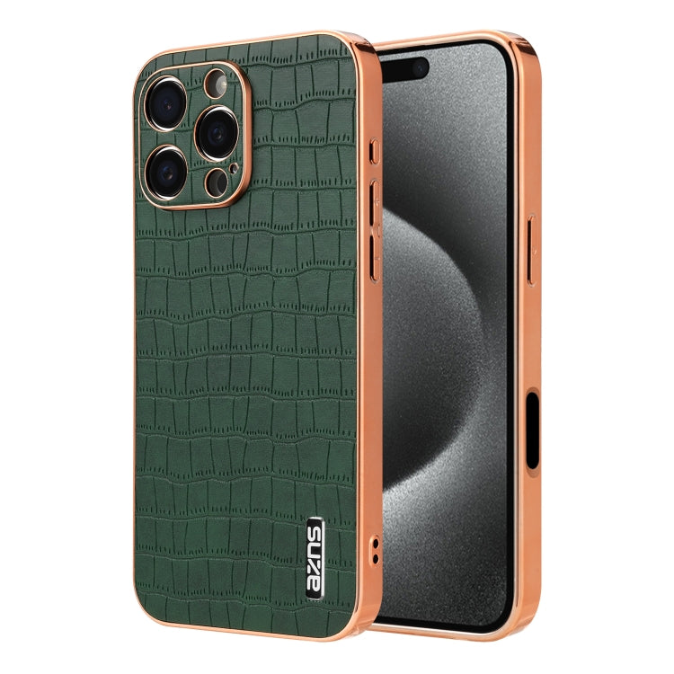 For iPhone 16 Pro AZNS Electroplated Frame Crocodile Texture Full Coverage Phone Case(Green) - free shipping - PMC Jewellery - Order now!