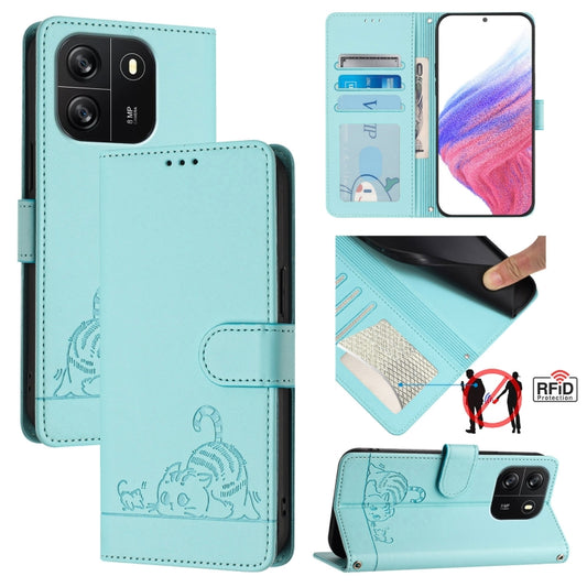 For Blackview Wave 6C Cat Rat Embossed Pattern RFID Leather Phone Case with Lanyard(Mint Green) - More Brand by PMC Jewellery | Online Shopping South Africa | PMC Jewellery | Buy Now Pay Later Mobicred