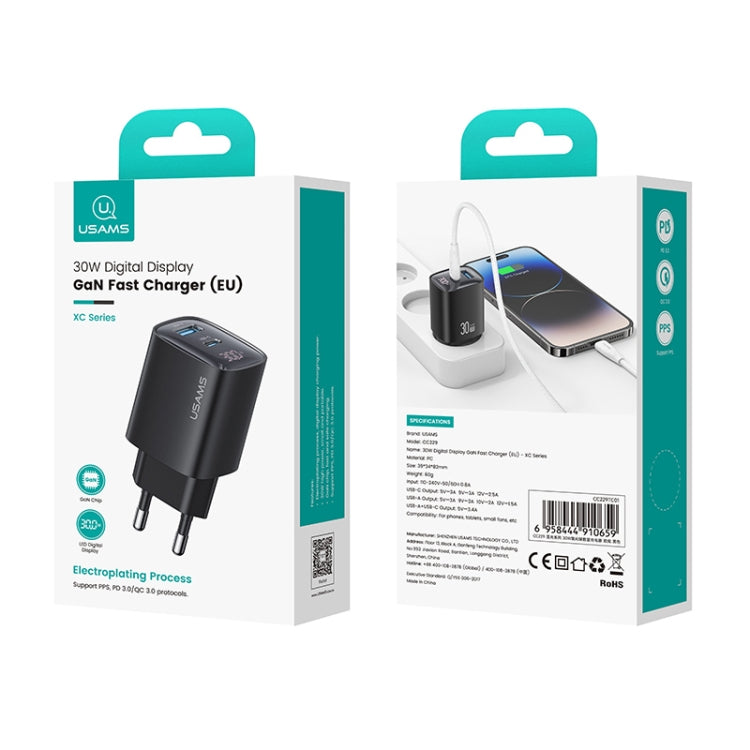 USAMS CC229 30W USB+USB-C / Type-C Dual Port GaN Digital Display Charger, Specifications: EU Plug(Black) - free shipping - PMC Jewellery - Order now!