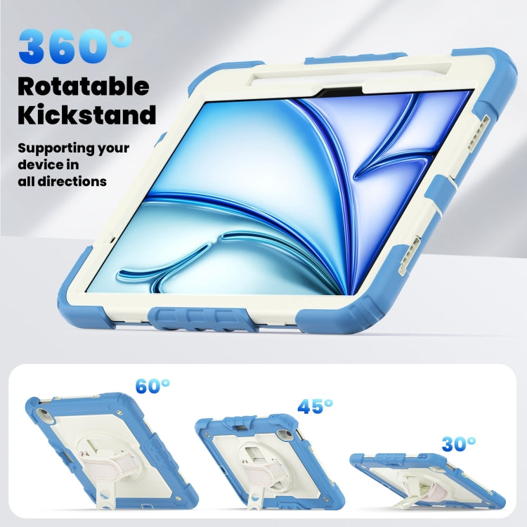 For iPad Air 11 2025 / 2024 Turntable Holder Silicone Hybrid PC Tablet Case with Shoulder Strap(Beige + Cyan-blue) - free shipping - PMC TechLife - Order now!