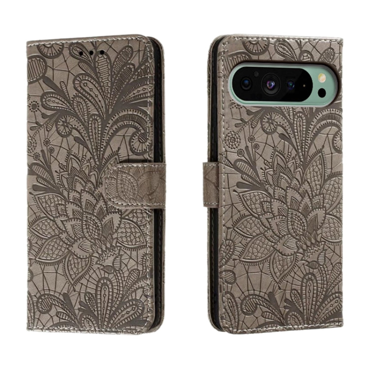 For Google Pixel 9 Lace Flower Embossing Flip Leather Phone Case(Grey) - Google Cases by PMC Jewellery | Online Shopping South Africa | PMC Jewellery | Buy Now Pay Later Mobicred