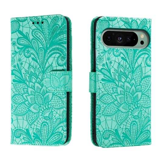 For Google Pixel 9 Lace Flower Embossing Flip Leather Phone Case(Green) - Google Cases by PMC Jewellery | Online Shopping South Africa | PMC Jewellery | Buy Now Pay Later Mobicred