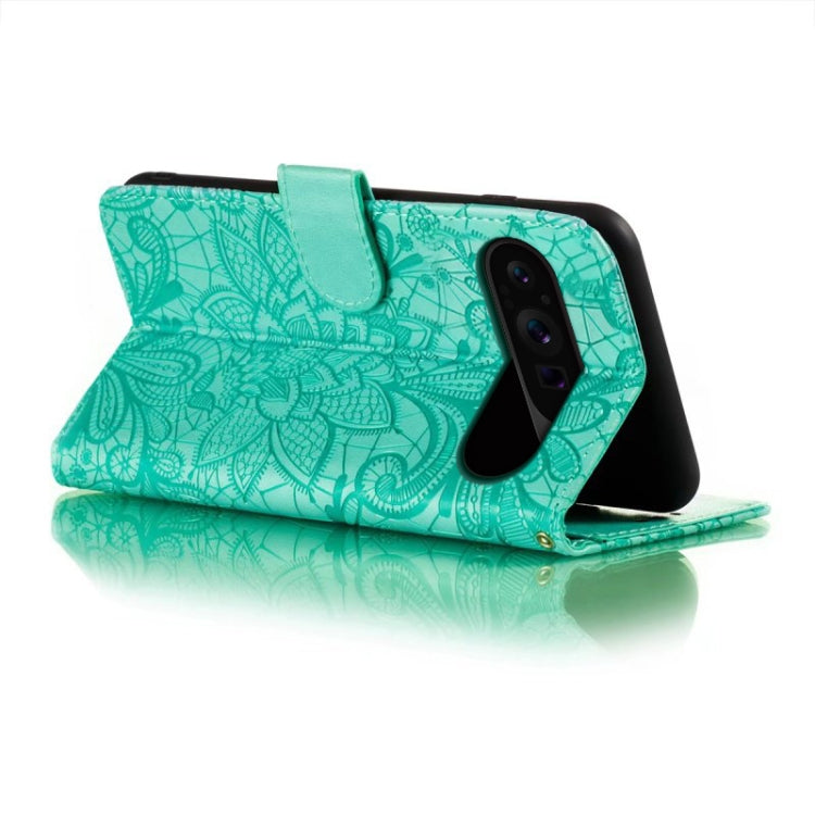 For Google Pixel 9 Pro Lace Flower Embossing Flip Leather Phone Case(Green) - Google Cases by PMC Jewellery | Online Shopping South Africa | PMC Jewellery | Buy Now Pay Later Mobicred