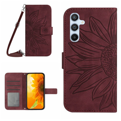 For Samsung Galaxy S25 5G Skin Feel Sun Flower Embossed Flip Leather Phone Case with Lanyard(Wine Red) - Galaxy S25 5G Cases by PMC Jewellery | Online Shopping South Africa | PMC Jewellery | Buy Now Pay Later Mobicred