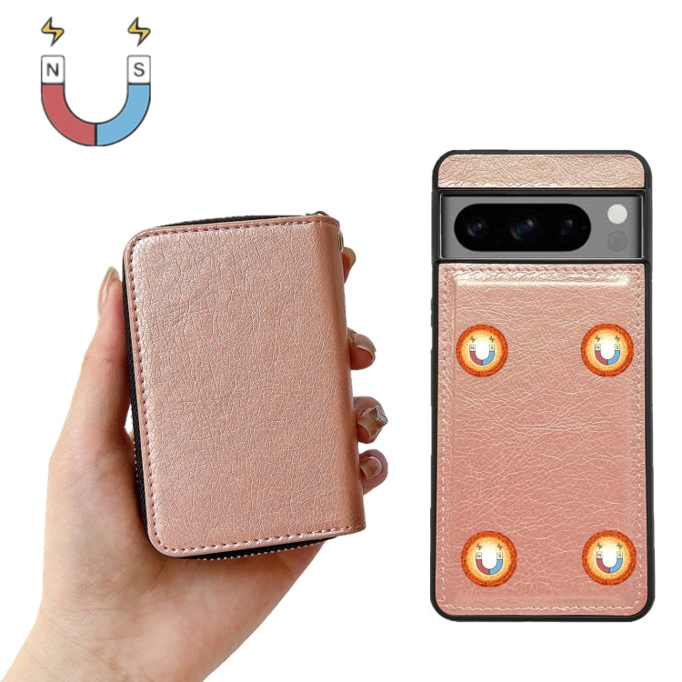 For Google Pixel 8 Solid Color Zipper 11-Card Slots Bag Phone Case with Lanyard(Rose Gold) - Google Cases by PMC TechLife | Online Shopping South Africa | PMC TechLife | Buy Now Pay Later Mobicred