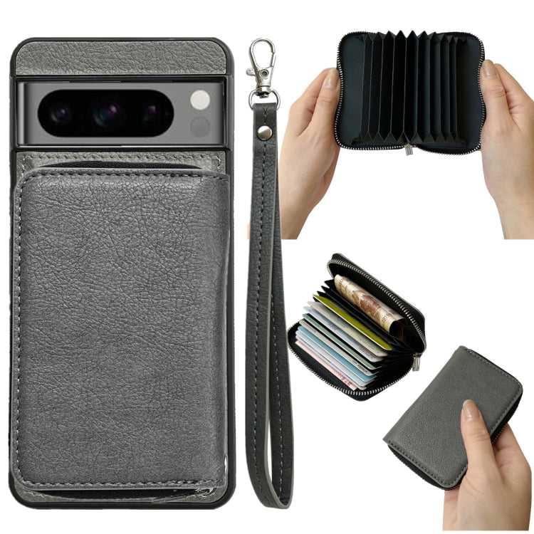 For Google Pixel 7 Pro Solid Color Zipper 11-Card Slots Bag Phone Case with Lanyard(Grey) - Google Cases by PMC TechLife | Online Shopping South Africa | PMC TechLife | Buy Now Pay Later Mobicred